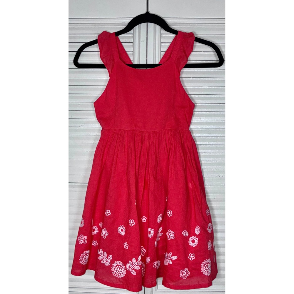 Mini Boden Floral Embroidered Dress 8-9Y Red Cross Back Ruffle Summer Sundress‎